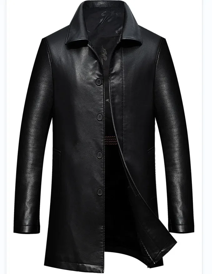 Autumn winter new men in the long leather handsome high-end atmosphere business casual with velvet leather trench coat