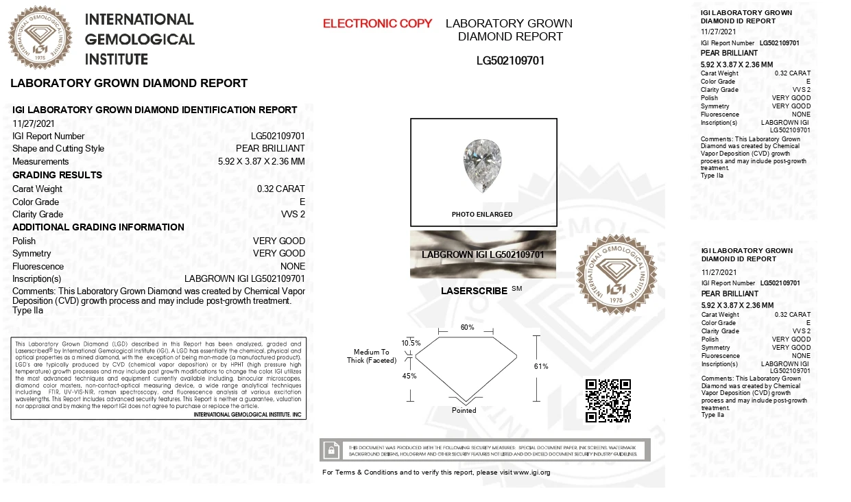 Pear 0.32ct Diamond E Color VVS2 Purity IGI Certified Lab Grown 502109701