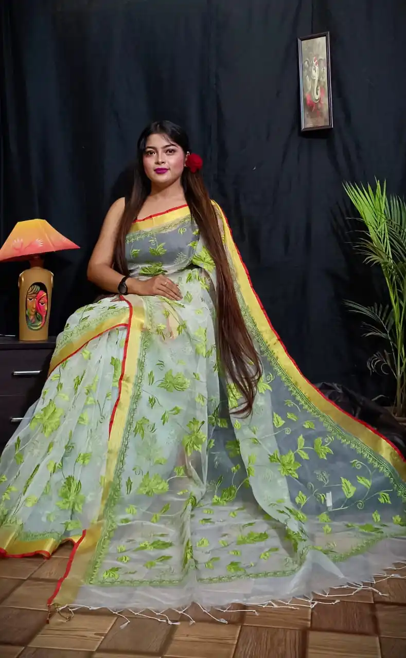 Premium Quality Firoji Color Pure Resham Saree with Embroidery Hot Selling Designer Saree Weddings Best Quality Wholesaler Surat