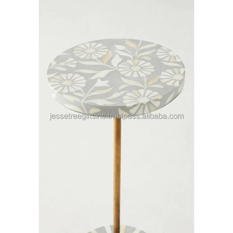 Bone Inlay Resin & Metal Pipe Coffee Table With Gold Powder Coating Finishing Round Shape Floral Design For Living Room