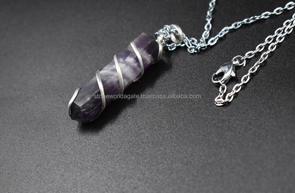 Latest Amethyst Pencil Point Pendant Necklace, Spiral Wire Wrapped Amethyst Quartz Pendant Necklace / Stone World Agate