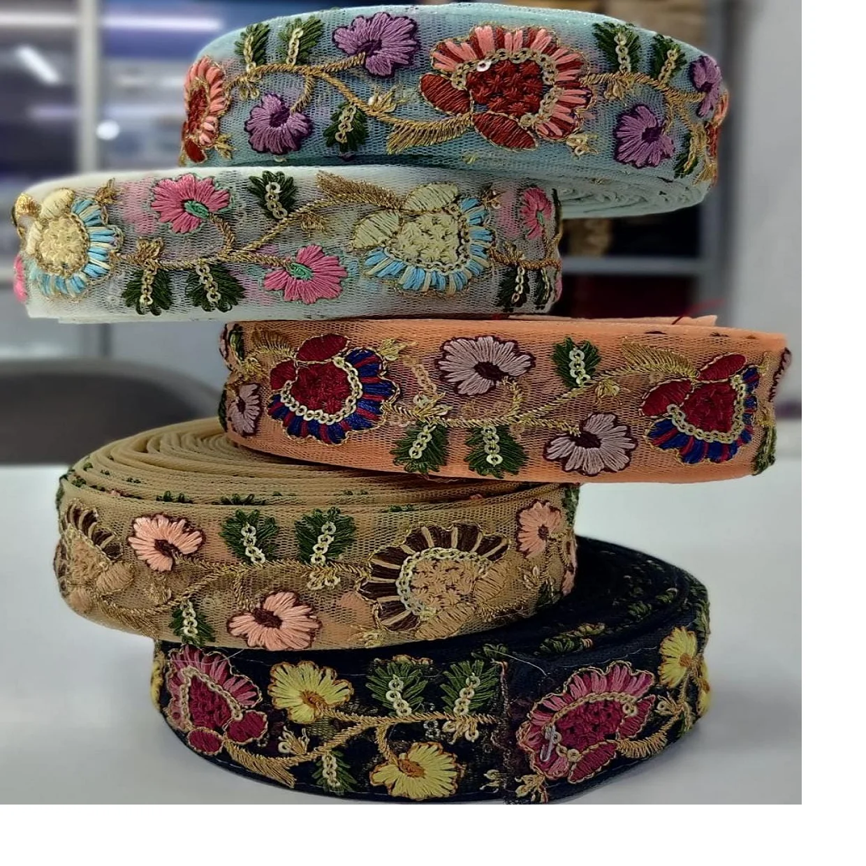 custom made embroidered thread work laces with multi coloured options in sequins embroidery in 1.5 inch width in floral design.