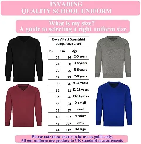 Boys Girls Unisex Back to School V Neck Sweat Fleece Jumper Classic Sweatshirt Jumpers Kids Uniform of Different Ages