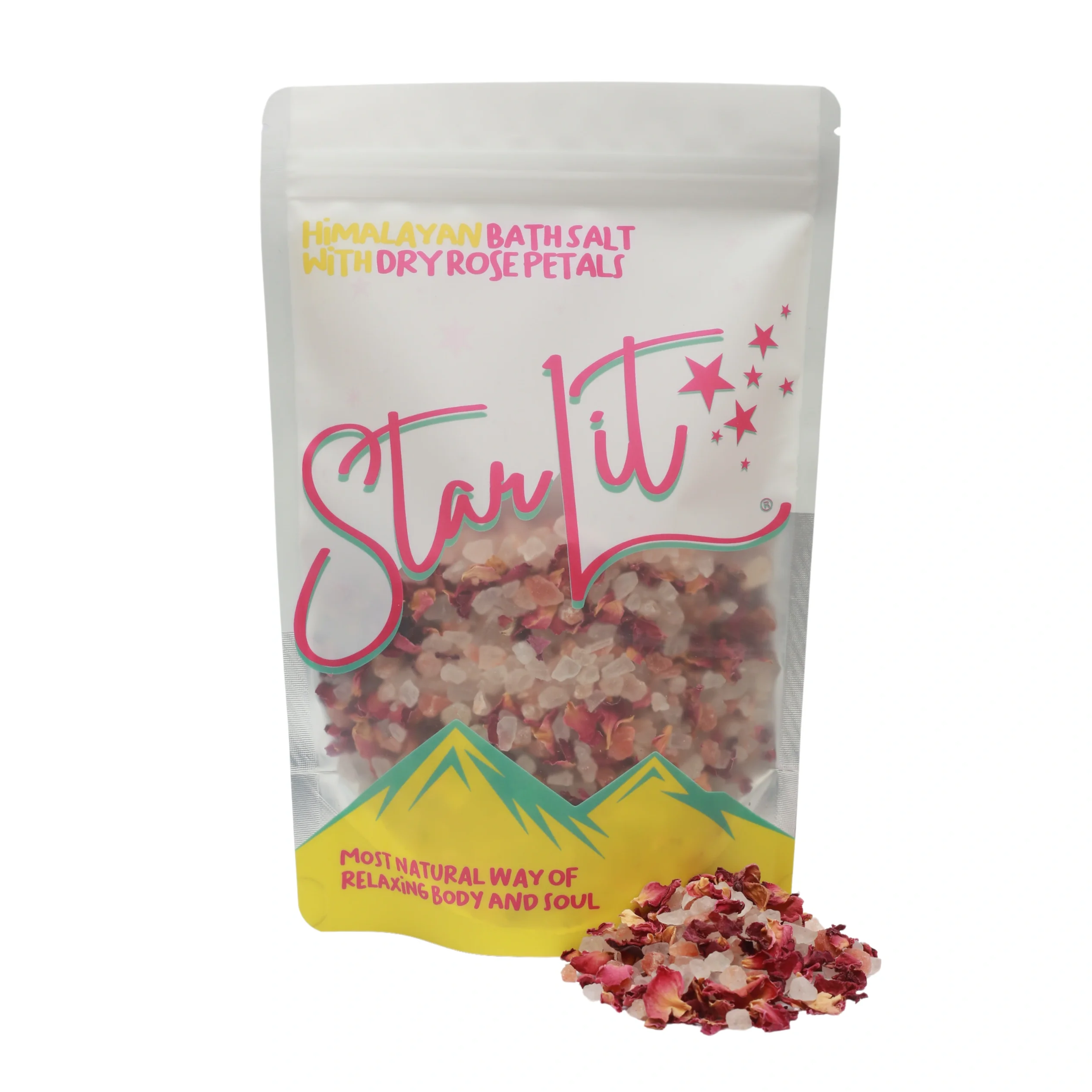 Best Quality Starlit Bath Salt Himalayan Pink Salt with Dry Rose Petals 500g Pouch