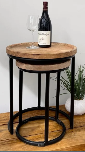 Wooden Top Metal Side Table Set Of Two Creative Stylish Fancy Table Customized Shape And Size Decorative Metal Side Table