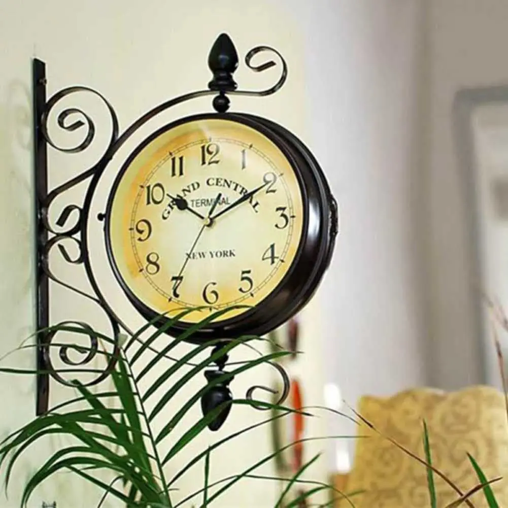 Vintage Double Sided Wall Clock Train Station Clock Silent Non Ticking Can be rotated 360   Creative Classic Wall Hanging Clocks