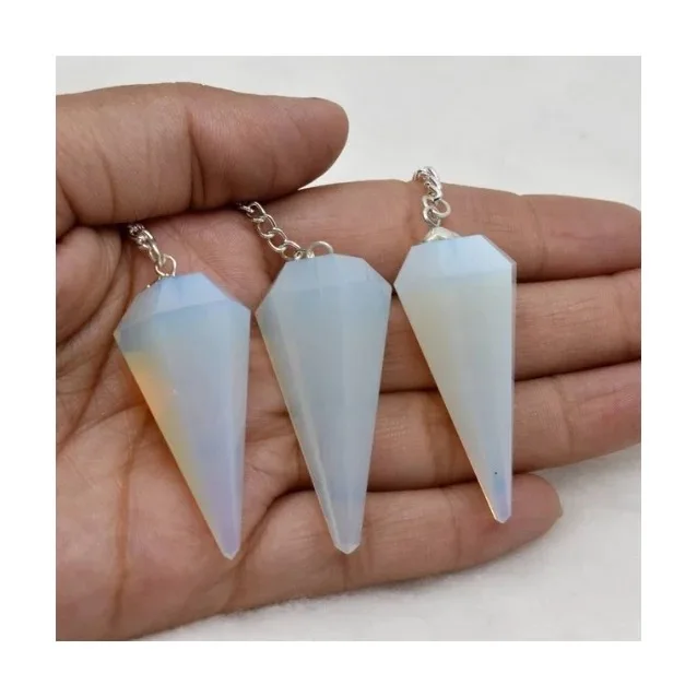 Opal Faceted Cone Pendulum with Chain Healing Dowsing Crystal Pendulum Spiritual Energy Jewelry Gift Hexogen Reiki Stone