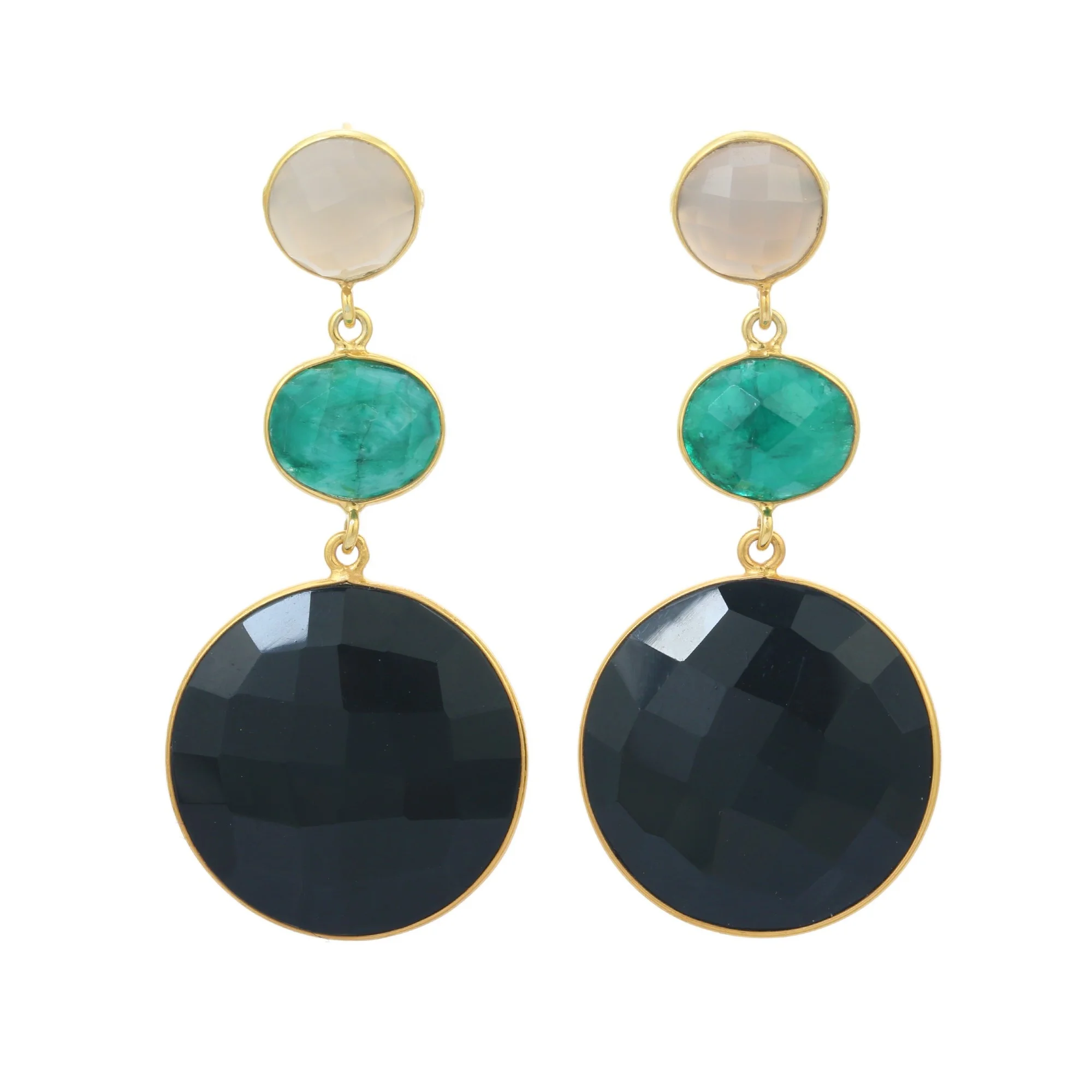 Natural Grey and Dyed Emerald and Beautiful Black Chalcedony Gemstone Long Earring Drop Earring for Women and Girls