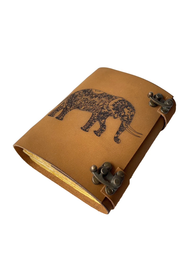 Elephant Design Laser Printed Genuine Leather Journal Softcover A5 Handcrafted Vintage Deckle Paper Diary with Two Brass C Locks