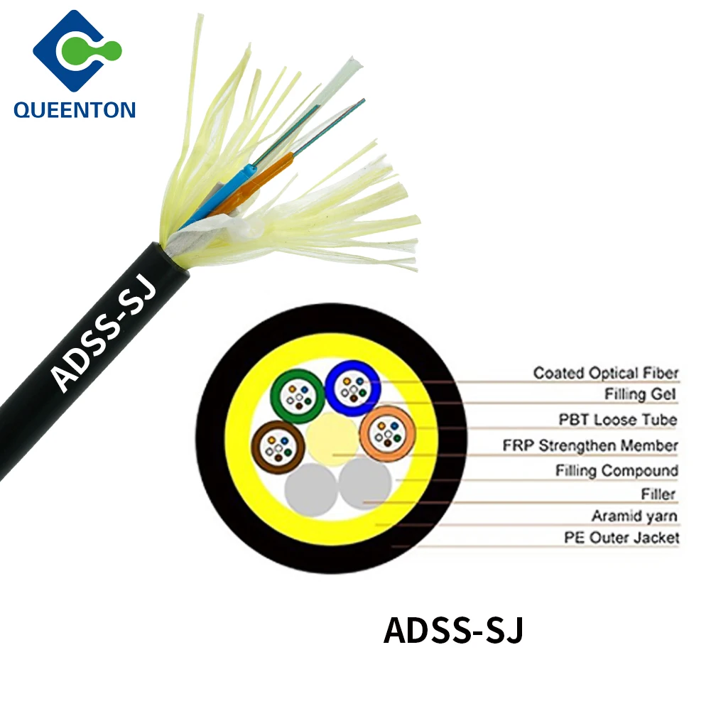 FTTH G652D Single PE Jacket 6-96 Cores ADSS optic fiber cable Single mode fiber optic cable