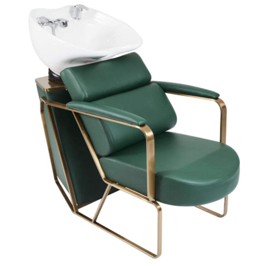 Rosie Salon Backwash Unit in Green & Gold by SEC Modern Design Plastic Wooden Barrel White/Ceramic Basin Beauty Barber Salons