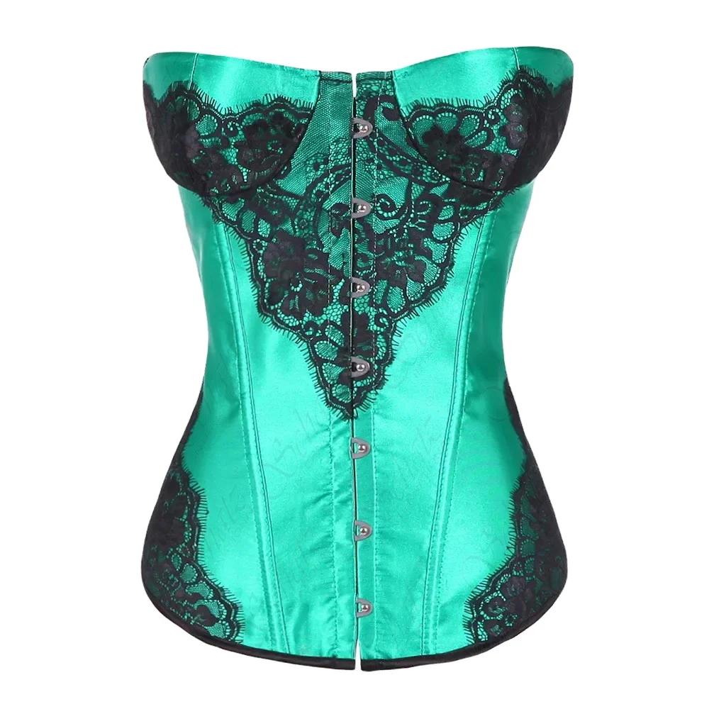 Women Satin Corset Steel Buckle Rubber Bone Overbust Corset Vintage Frenum Lace Braid Corselet Sexy Lingerie Plus Size Shaper