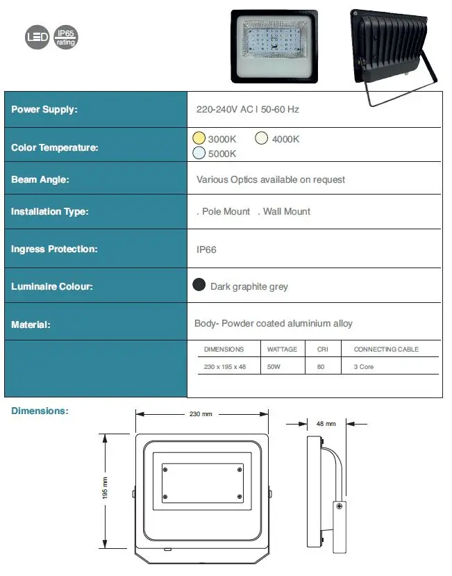 Wholesale quantity OEM by Indian supplier of LED Flood lights with IP65 50W power capacity for Highway Garden Road Warehouse