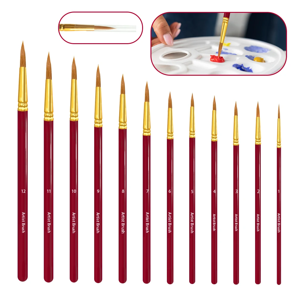 Pointed Round Painting Brush Set of 12 Artists Wooden Handled Brushes for Acrylic Oil Watercolor Painting