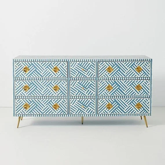 Intricate inlay craftsmanship Artisan storage solutions Colorful bone inlay dresser Handcrafted wooden cabinet Decorative drawer