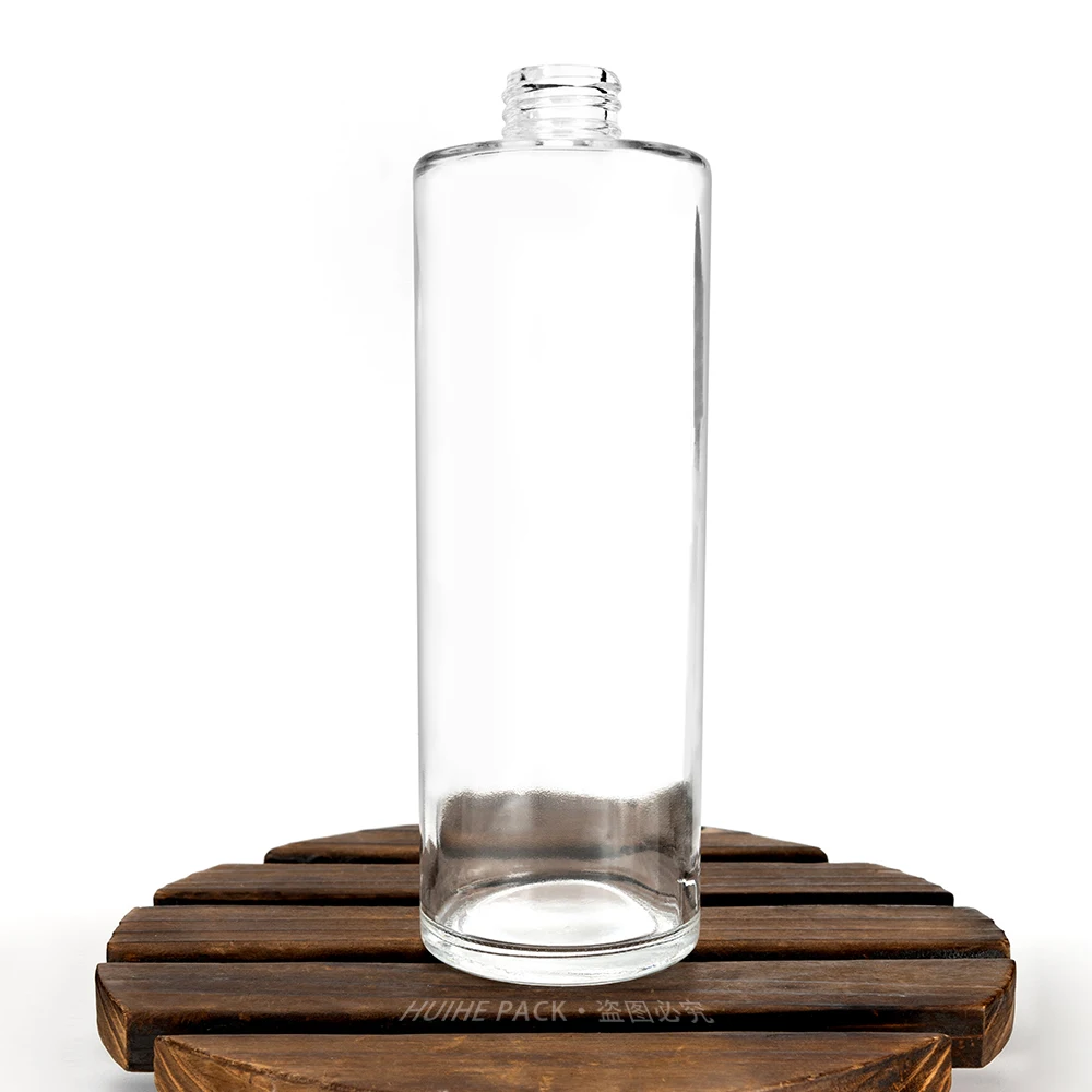 Buy Short Neck Clear Empty Tall Cylinder 450Ml Whiskey Vodka Tequila Beverages Kombucha Glass Bottle with Plastic Screw Cap