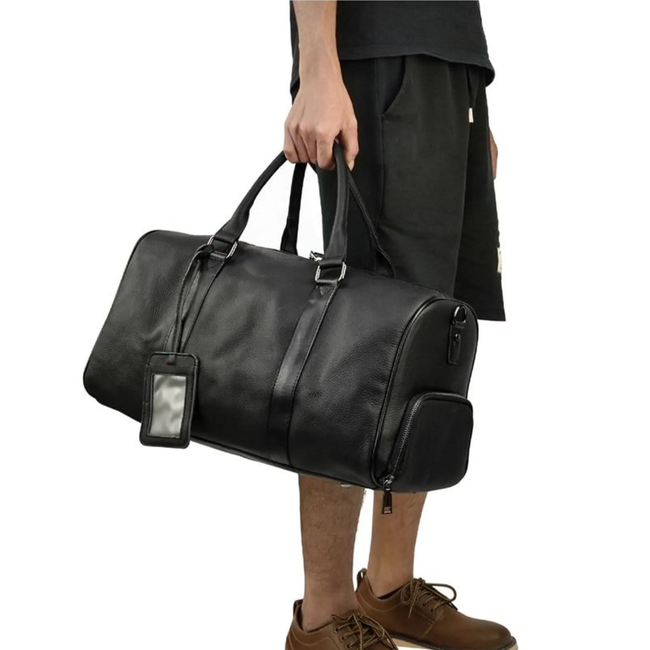 Exclusive Luxury Custom Genuine Leather Weekender Duffel Bag Men Black Pebbled Leather Shoe Compartment Travel Gym Use Featuring