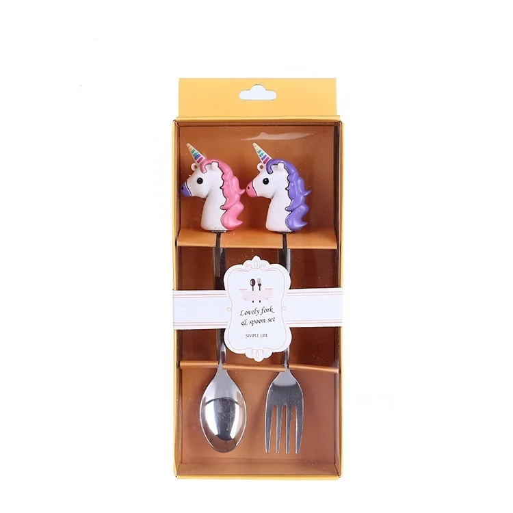 Funny ODM customized desig SS fork and spoon set with unicorn design polyresin handle handcraft hand paint resin handle