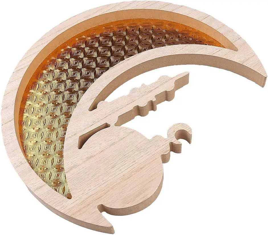 Wholesale Eid Mubarak Food Serving Tray Wooden Rustic Crescent Moon Star Eid Ramadan Dessert Pastry Tray Low Price