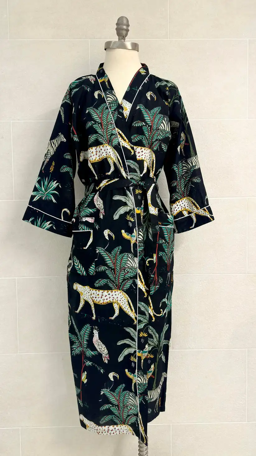 Hot Selling Good Quality Silk Material Long Length Floral Pattern Design Kimono Robe with Belt and Sleeves for Women & Girls