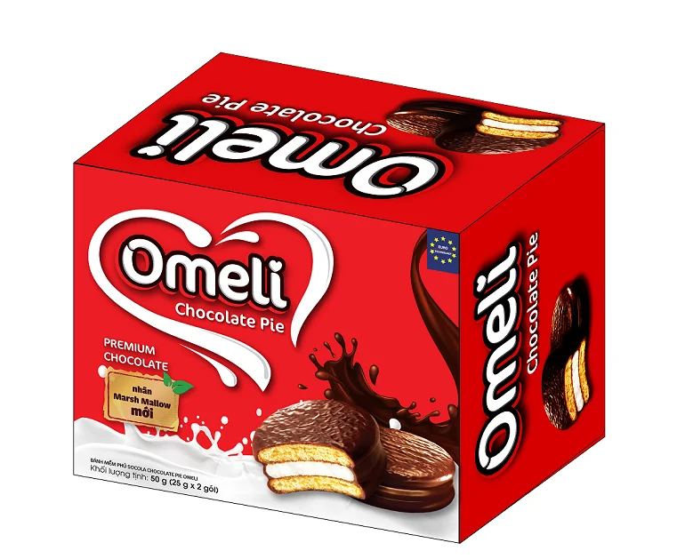 Omeli Brand Premium Quality 50g Chocolate Pie Biscuits ISO 22000:2018 HALAL Certified Paper Box Vietnam Exporter