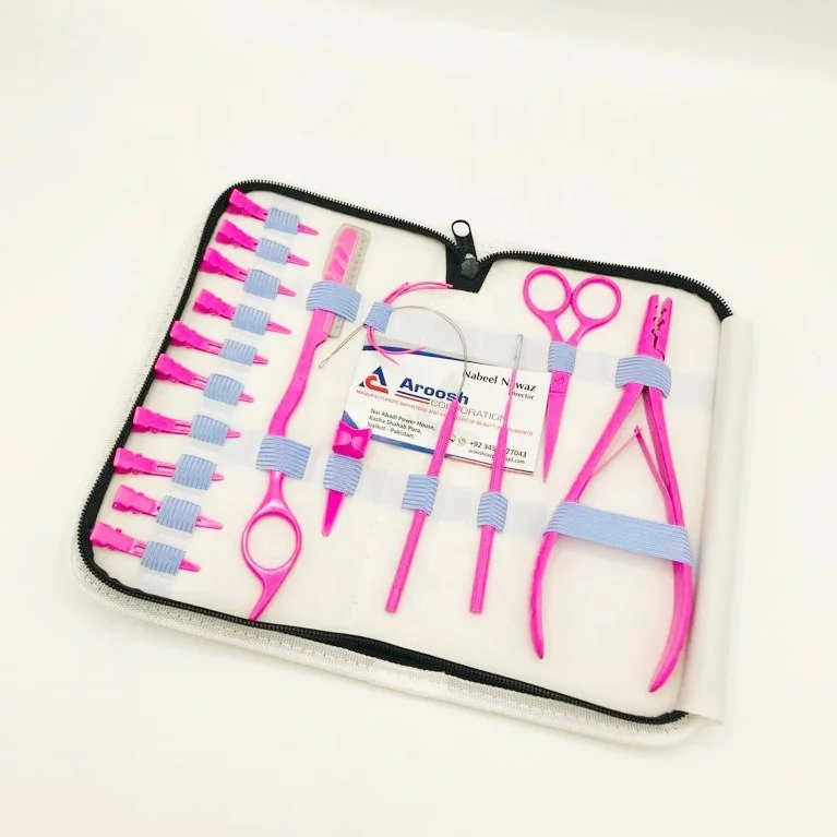 Hot Pink Stainless Steel Clip In Hair Extensions Tools Kit With Plier, Crochet Needle, Clips And Human Hair Extension