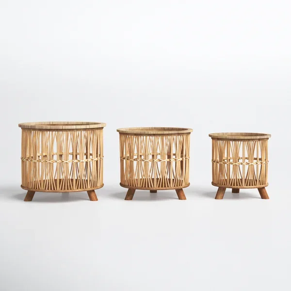 Decorative Bamboo Basket  Natural Color Wooden Base 3 Legs Decorative Basket For Home Hotels Indian Bamboo Handmade Baskets