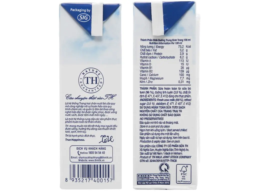 TH True Milk UHT Sweetened Fresh Milk 180ml Pure Sterilized High Quality Dairy Products Organic Whole Milk