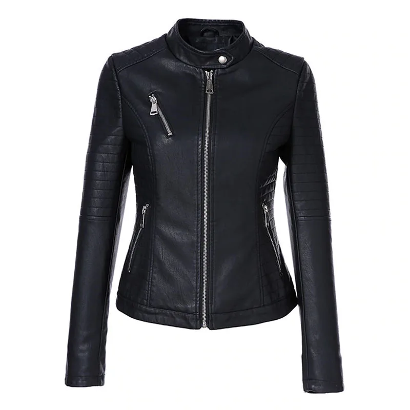 Black Short Autumn Women Leather Jacket Long Sleeve Mandarin Collar Moto Biker Zipper Jacket