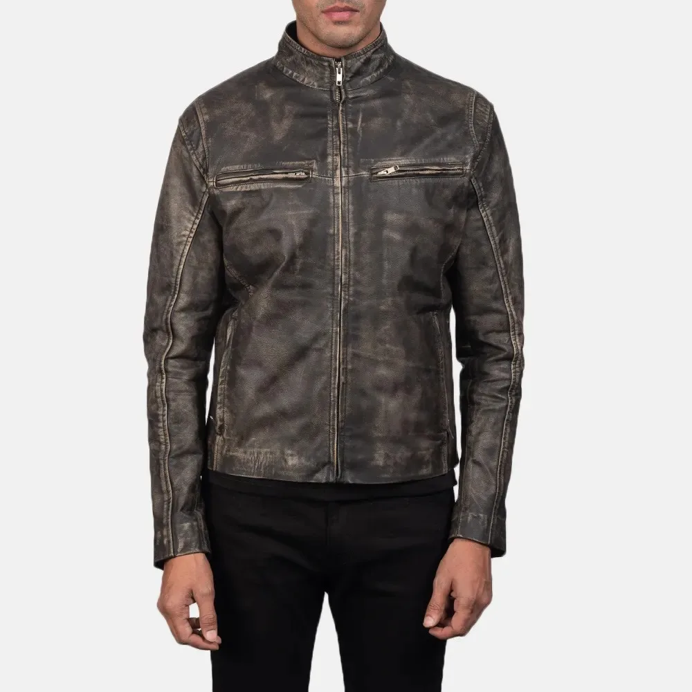 Real Leather Sheepskin Aniline Zipper Iconic Distressed Brown Men Biker Jacket Quilted Viscose Lining and Inside Outside Pocket