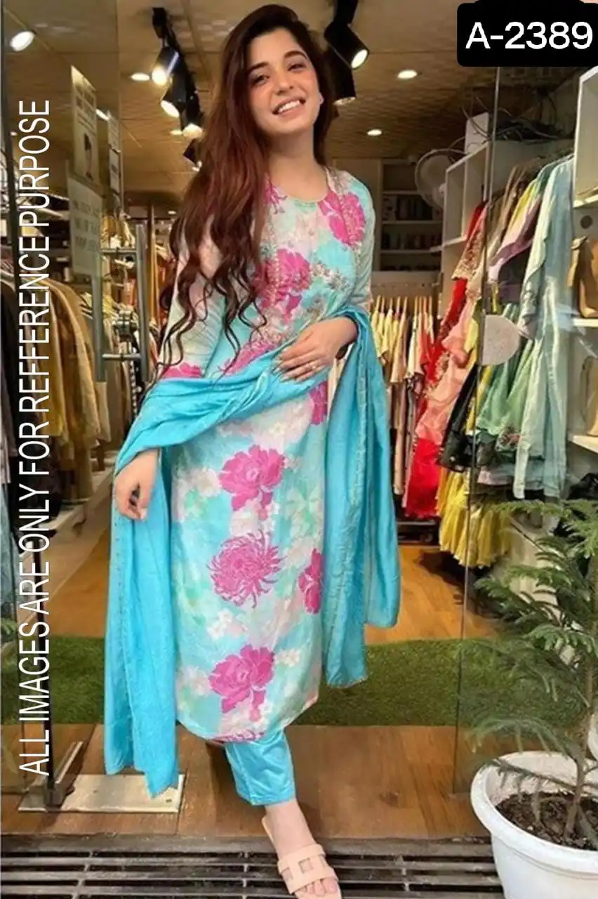 Indian  Heavy Mashin Silk with Complete Lining Fancy Digital Print and Nake Embroidery Design Work Kurtis with Bottom and Dupatt