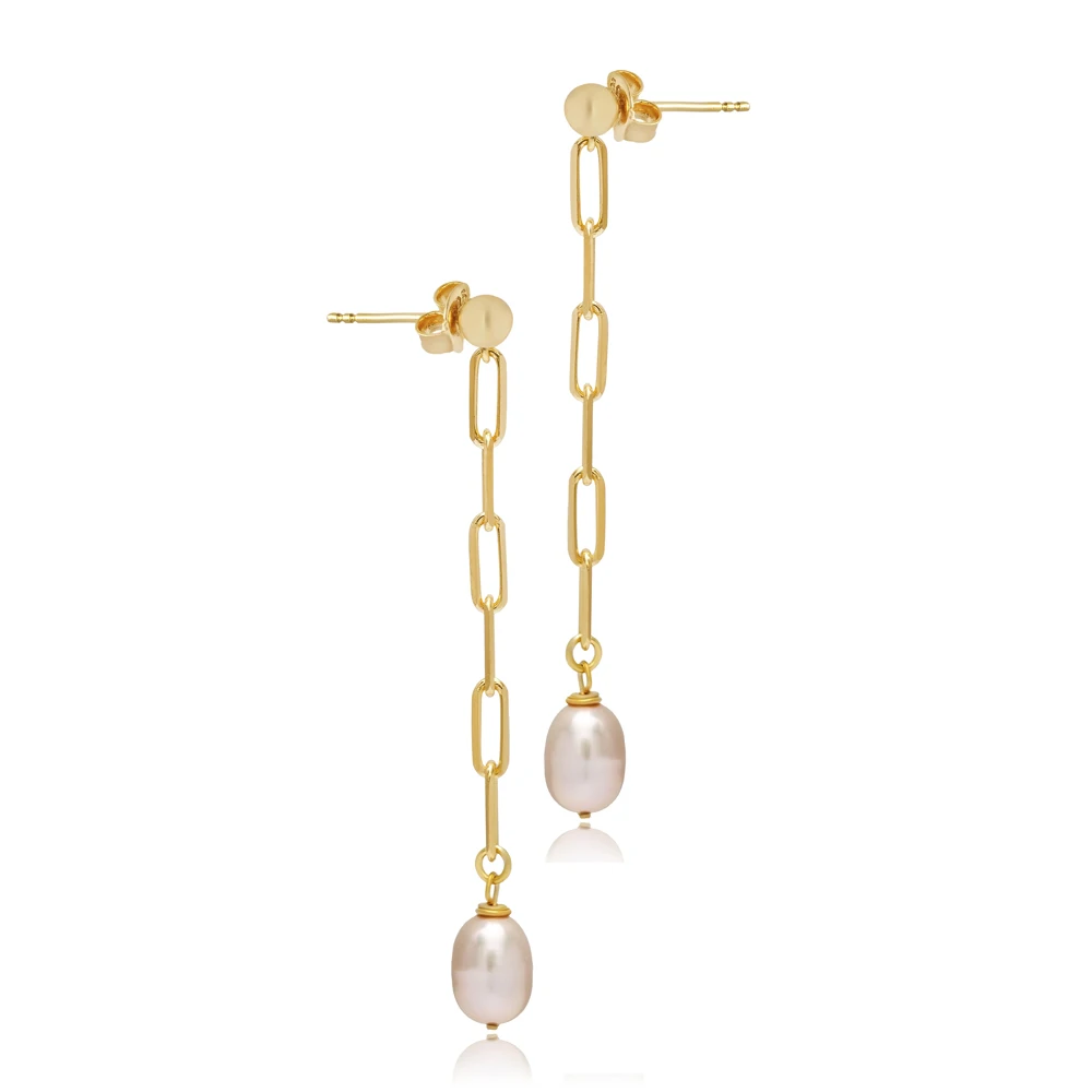 Pink Pearl Chain Design 925 Sterling Silver Long Earrings Wholesale Handmade Turkish 925 Sterling Silver Fine Jewelry