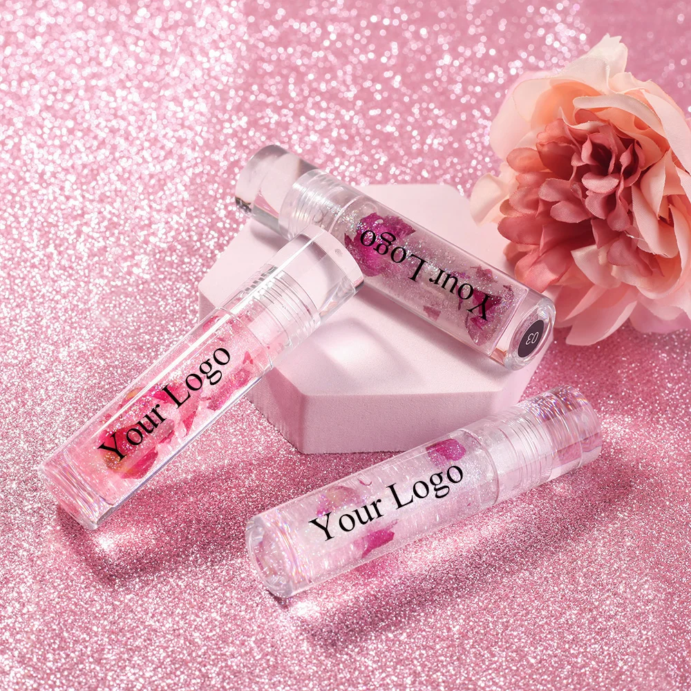 Low MOQ Custom 3 Colors Private Label Cruelty Free Vegan Moisturizing Rose Flower Clear Lip Gloss Lip Oils