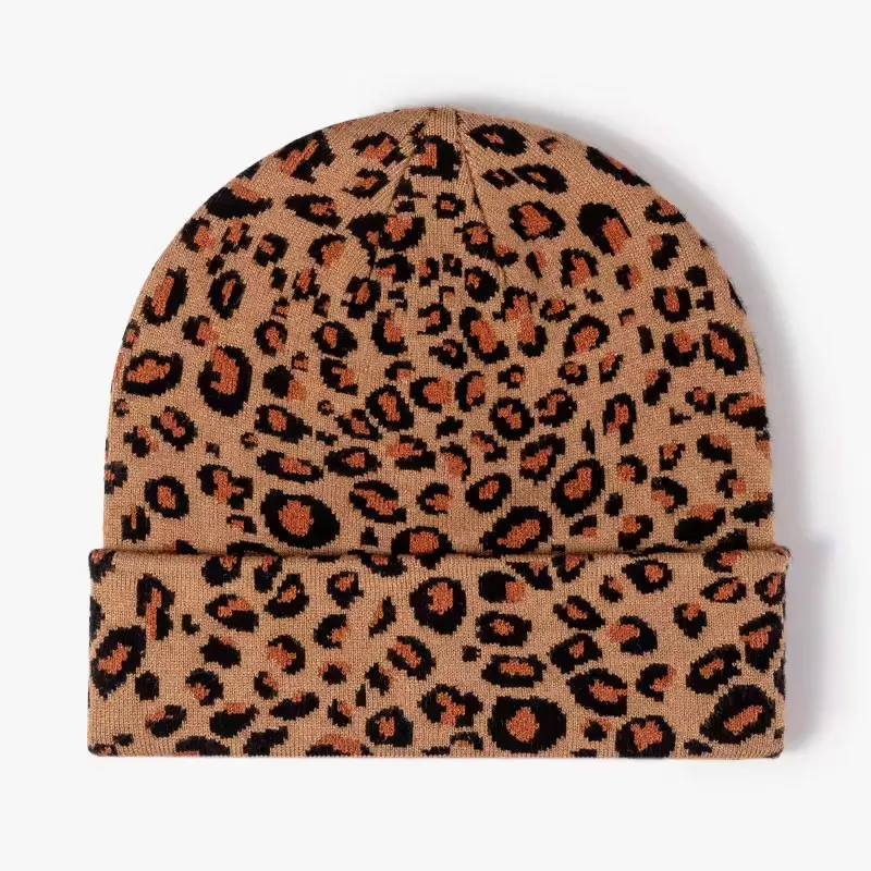 2024 Top Selling  knitted beanie cap Warm Winter Women Soft Knitted Cuff Beanie Hat with Leopard Print Pattern
