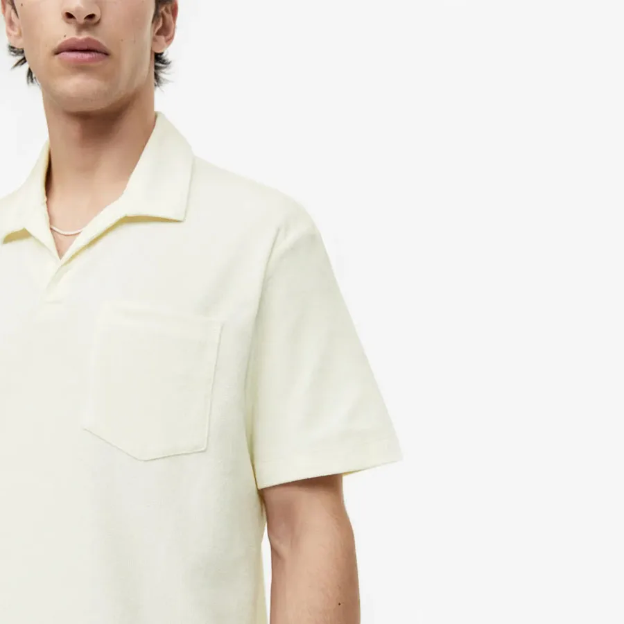 Wholesale Best Selling Men Beige Color Plain Relaxed Fit Polo T Shirt With V Neck Turn Down Collar & Chest Pocket For Sale