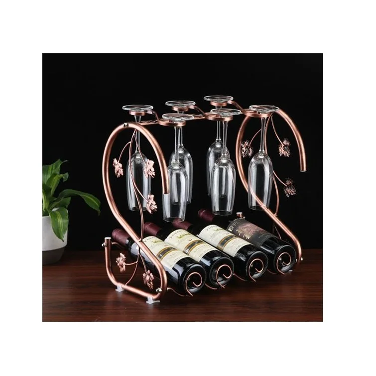 Hold 4 Bottles And 6 Glasses Iron Threaded Wine Holder With Freestanding Display Shelves For Kitchen