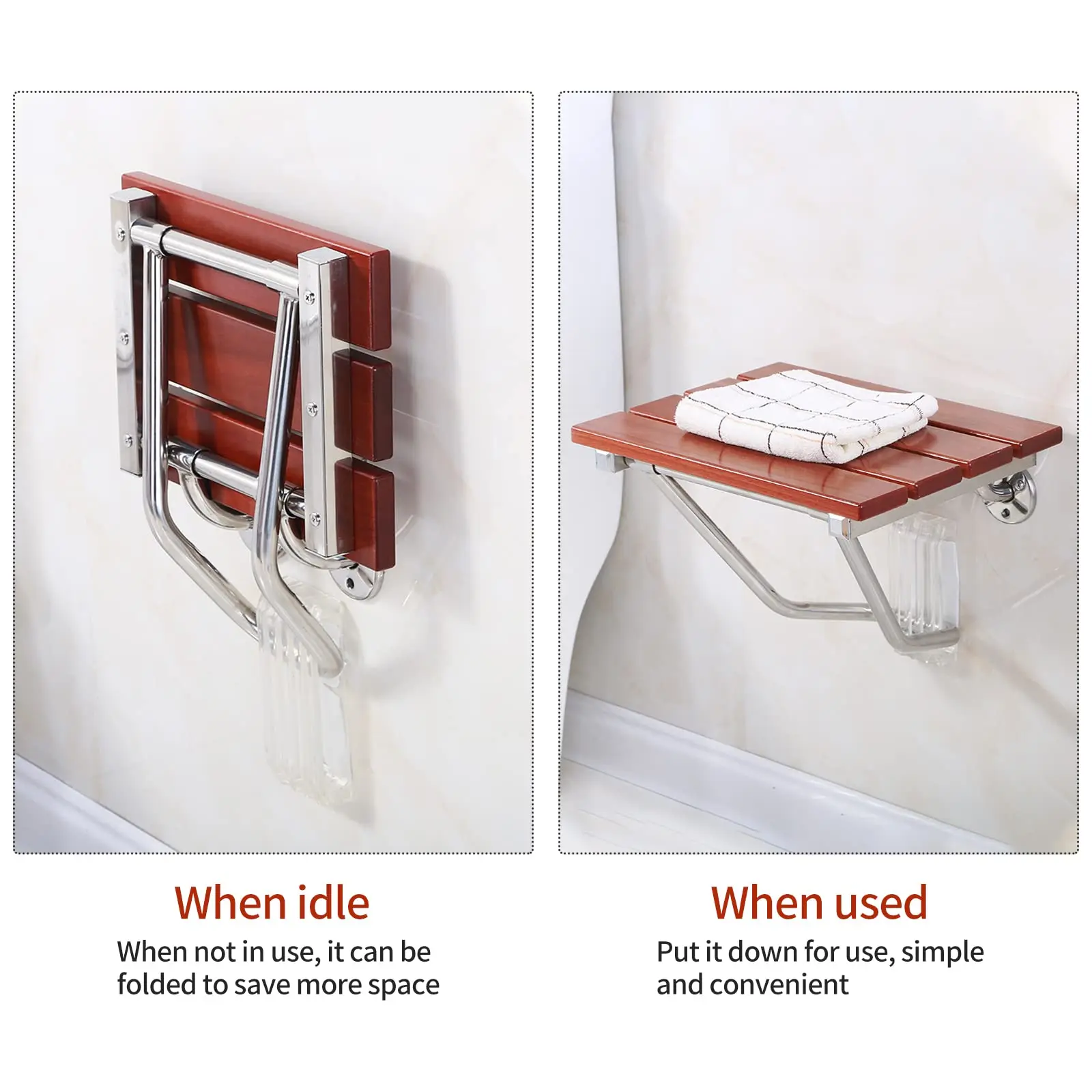 Folding Wall Mounted Teak Stainless Steel Folding Shower Chair Indoor Shower with Shower Chair for Elderly Disabled People