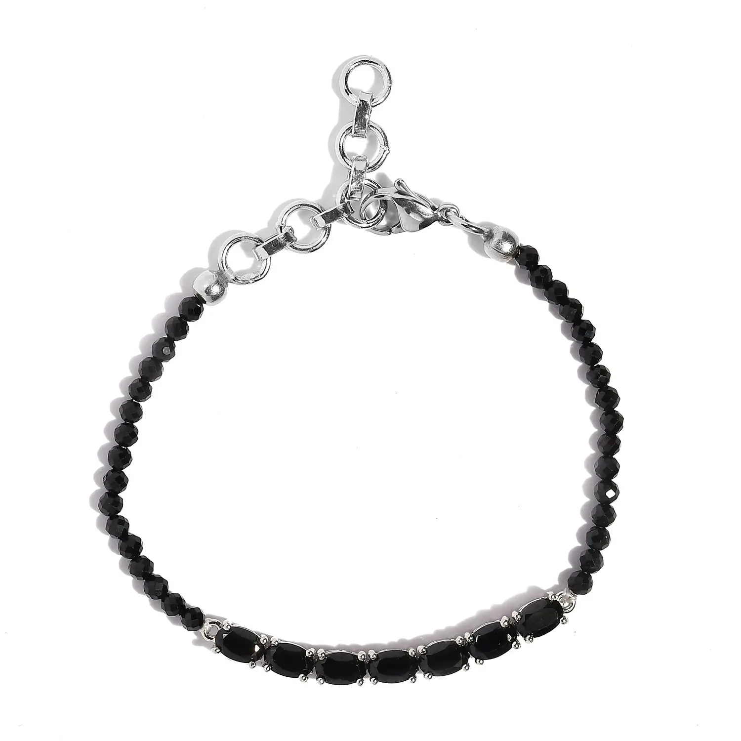 Karis Thai Black Spinel Beaded Bracelet in Platinum Bond (6.50-8.00In) Wholesale High Quality Fashion Jewelry Trending Bracelet
