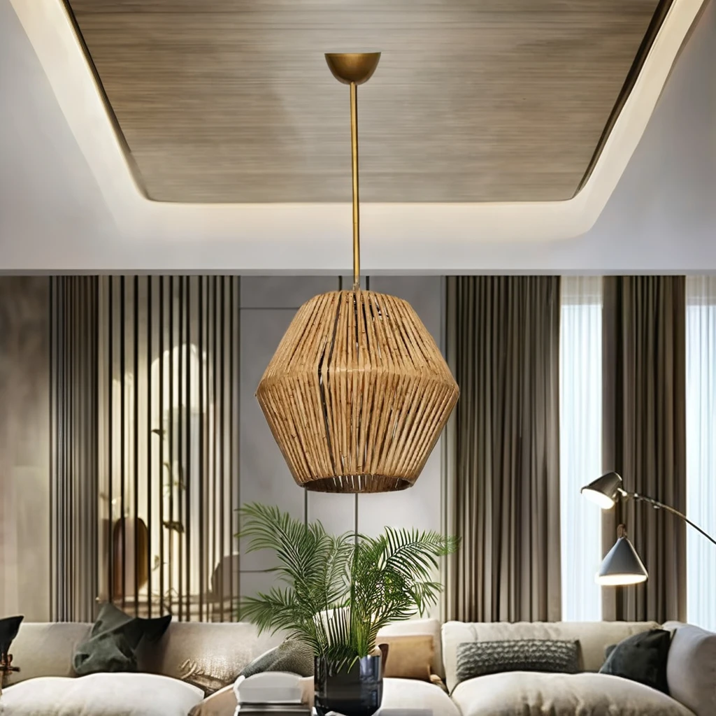 Handcrafted Natural Rattan Pendant Light Shade Eco-Friendly Boho Bamboo Hanging Lamp Ceiling Dining Kitchen Living Room