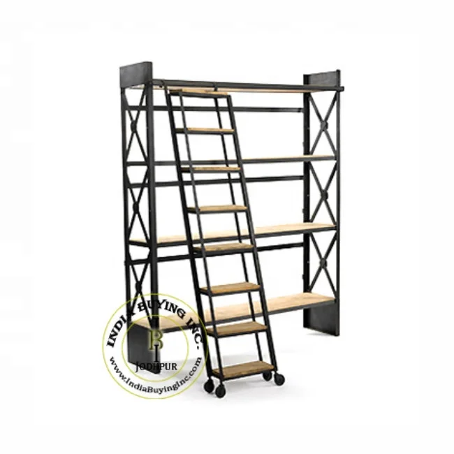 Morden design Multi-layers industrial wooden iron display bookcase bookshelf with ladder Direct from manufacturer
