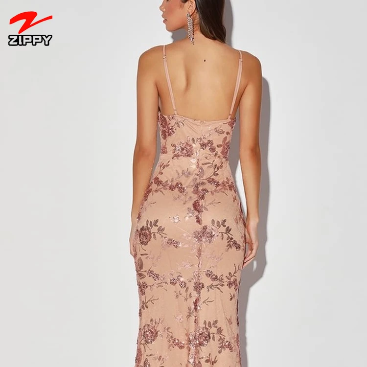 Shine Language Rose Gold Evening Gown Sequin Mermaid Maxi Dress Fashion Quantity Bodycon Simple OEM