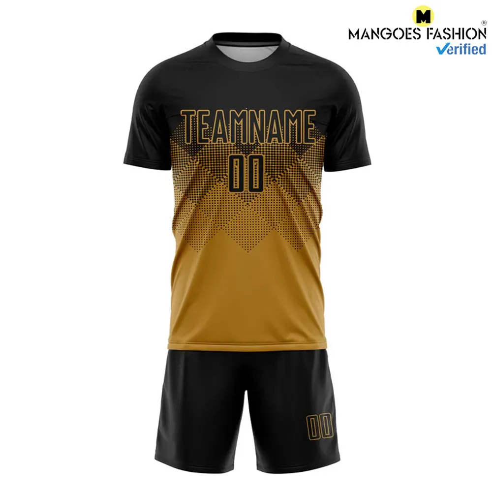 Premium Custom Old Gold Black Sublimation Soccer Uniform Jersey Moisture-Wicking Spongy Handle Draping Property Elasticity
