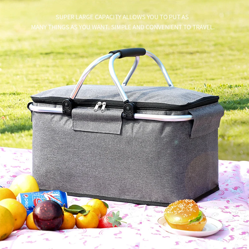 Large Capacity Outdoor Camping Food Cooler Bag Container Insulation Tote Basket Gingham Picnic Storage Basket