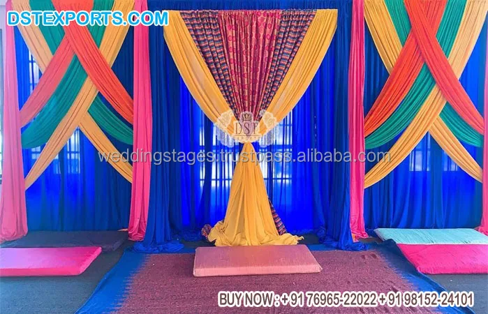 Colorful Zari Work Backdrops For Mehndi Event Punjabi Wedding Mehndi Night Function Backdrops Pakistani Wedding Stage Drapes