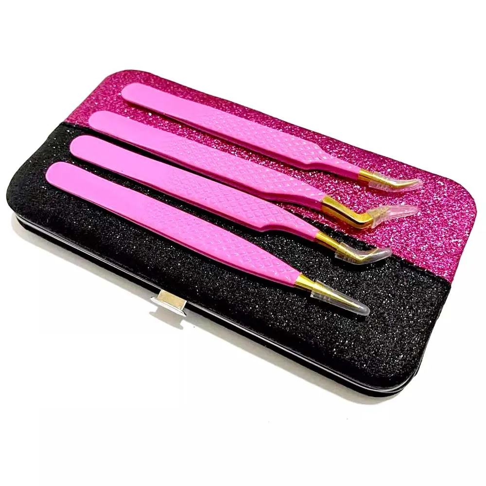 Fine Quality USA Best Selling Eyelash Tweezers Beautiful Flower Paper Printed Handle and Gold Tip with 3 & 6 Pieces Case