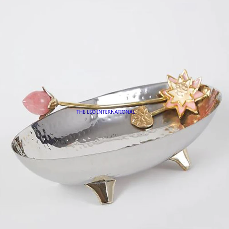 Rose Quartz Bud With Brass Enamel Flower Stainless steel mirror polish Pole Platter tray decorative bowl 6X6X6 Inch tableware