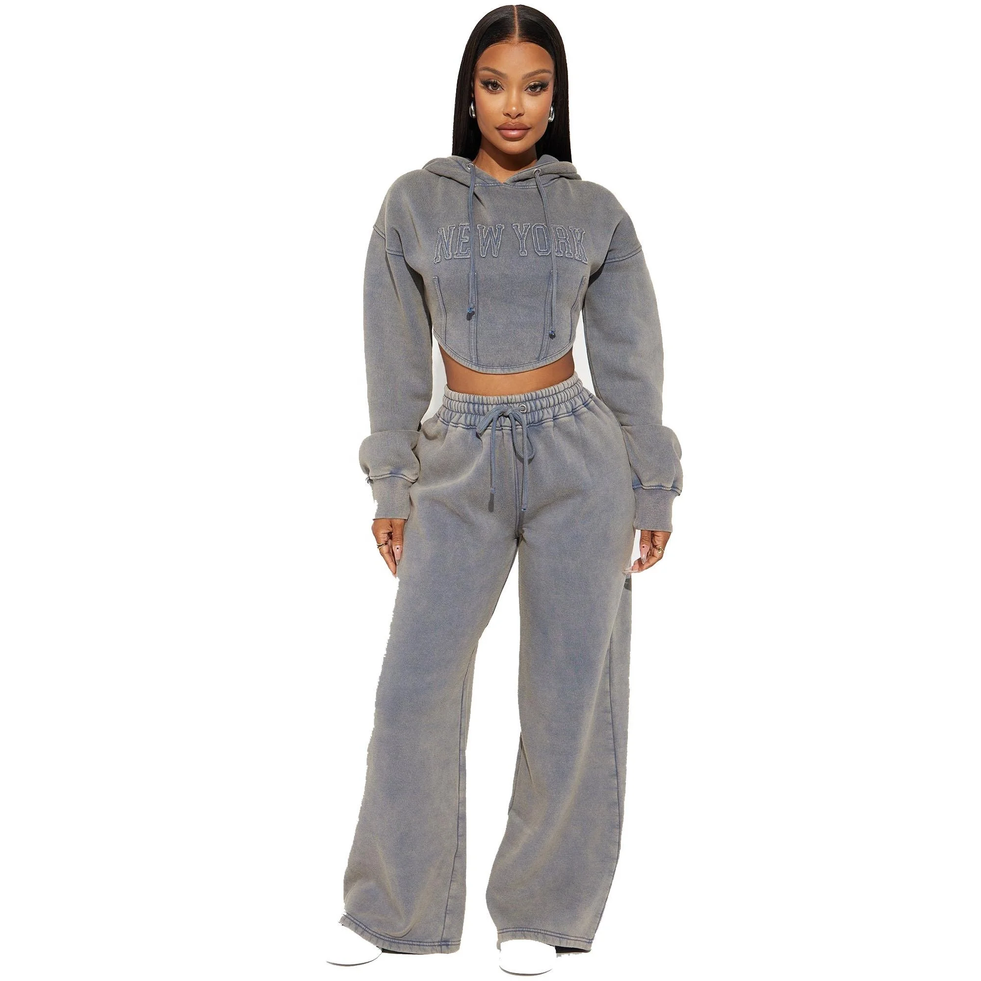 Custom Acid Wash  Cotton Sweat Suits For Women Custom Thick Fleece Crop Sweat suits Manufacturer distressed embroidery