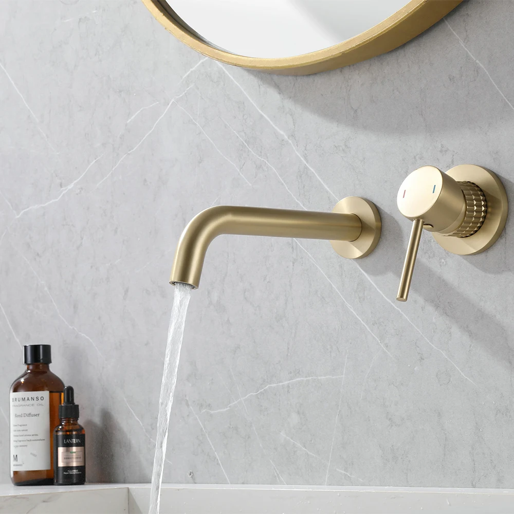 brushed gold 2 hole concealed wall faucet bathroom wash basin faucet