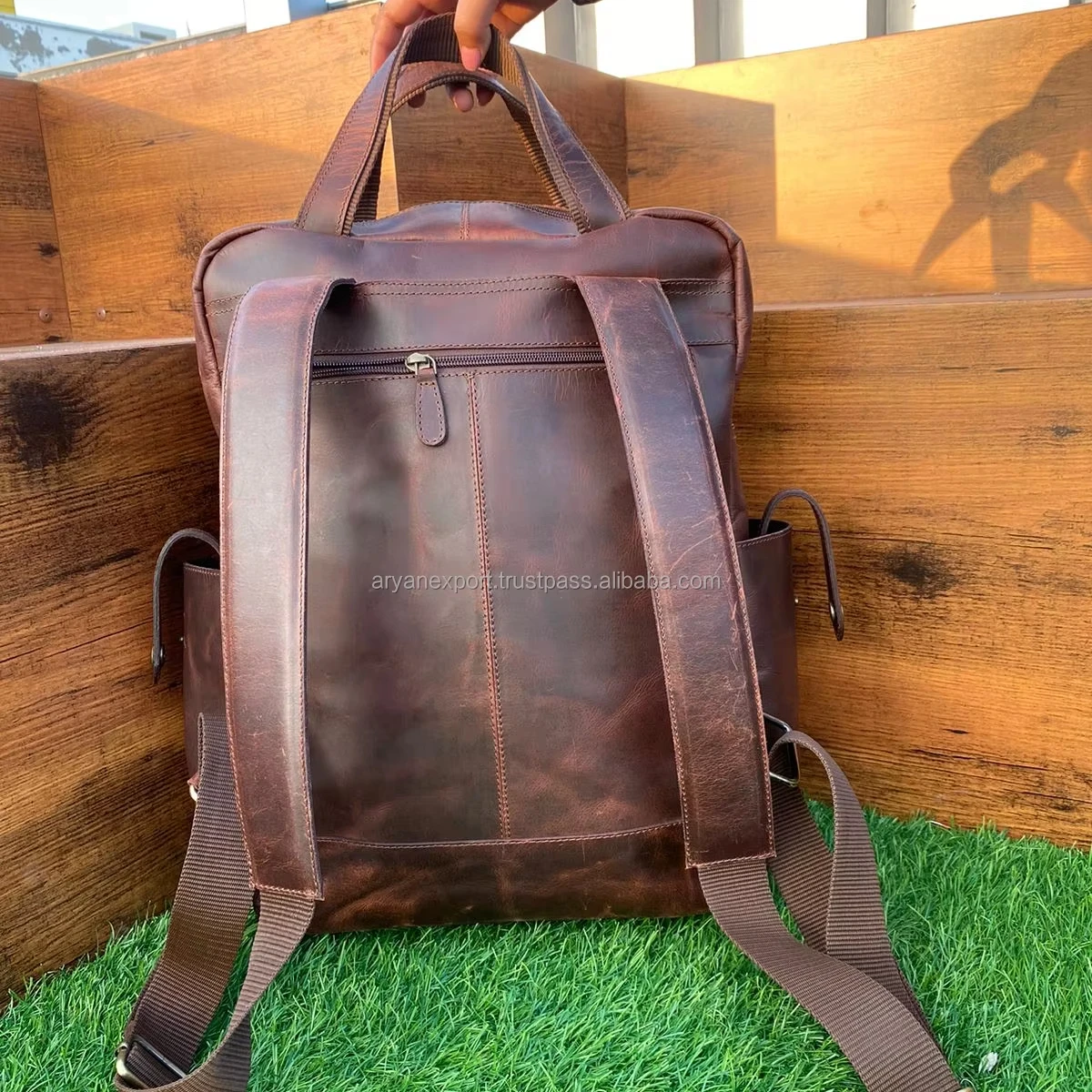 Back Pack Durable Casual Travel Genuine Leather Laptop Cowhide Leather Multiple Pockets Laptop Backpack