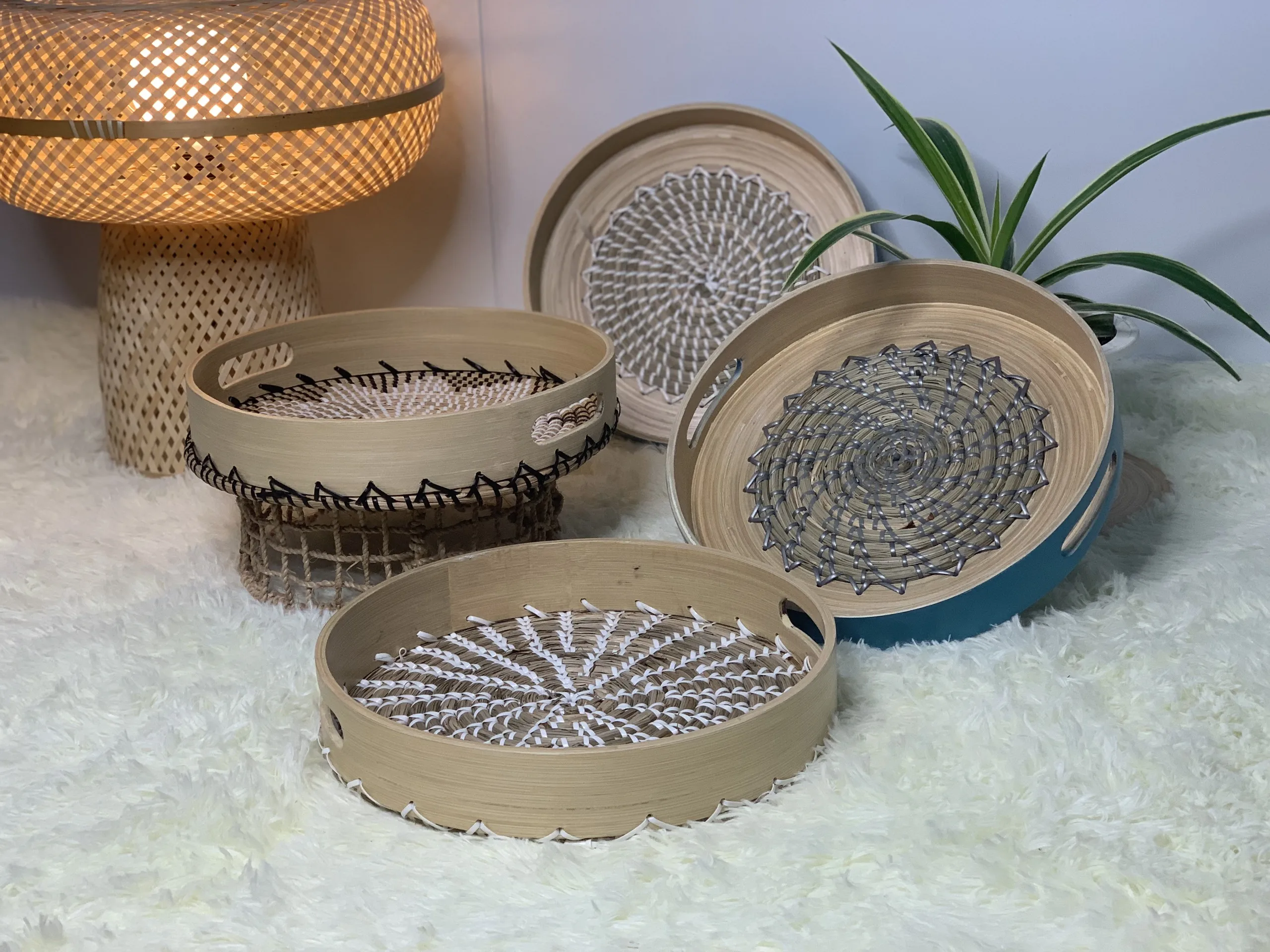 Bamboo Serving Tray Round Shape Price Competitive Export Handmade Type Decorative Use Lacquer Serving Tray Made In Vietnam
